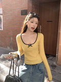 The Bow Bumped Color Hair Knitted Long-Sleeved T-Shirt Girl Han Linen Early Autumn Wearing Shoulder Repair Inside The Bottom Shirt Top