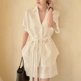Imitation Cotton Hemp Texture Is Not Easy To Wrinkle Without Iron Heavy Industry Nail Beads V Tie Belt Short-Sleeved Shirt Coat + Shorts Set Summer