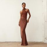 New Women's Round-Neck Sleeveless Body-Clic Splicing Long Dress Fashion Hollow Dress