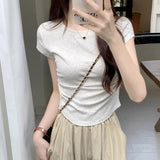 Wine Red Round Collar Straight Shoulder White Short-Sleeved T-Shirt Girl Summer Small Man Folded Waist Bow Blouse