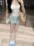 Seaside Holiday Sweet Hottie With Brated Vest Woman Summer High-Waist Print Bag Half-Dress Skirt Two-Piece