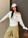 Vintage Hot Diamond Rivet Embroidered Slanted Shoulder Long-Sleeved T-Shirt 2026 Autumn New Loose Design Feel Blouse Woman