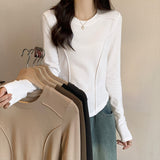 White Long-Sleeved Bottom Shirt Women In Autumn And Winter With A Short Fish Bone Top Design Embroidered Plus Velvet Hair T-Shirt