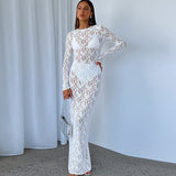 Autumn 2025 New Sexy Perspective Long-Sleeved Lace Dress Burst Women's Clothing
