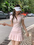 Summer Beautiful Pink Polo Collar Straight Shoulder Short-Sleeved T-Shirt Girl Slim Slimmed Beautiful Embroidered Top