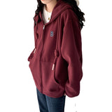 Plus Velvet Loose Hooded Jacket Women Autumn And Winter 2026 New Wine Red Zipper Open Shirt Thick Coat Women Lazy Wind