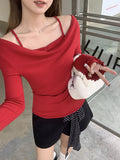 French Retro Fake Two Slings Long-Sleeved T-Shirts In The Spring And Autumn To Put On The Wooden Ear Design Shirt Top