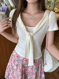Fashion Simple Fake Two Tied Big Necking Short-Sleeved T-Shirt Girls Summer New Chic Design Pure Desire Top