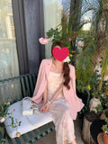 Early Autumn New French Romantic Pink Floral Sling Dress Women's 2025 Summer Mesh To Close The Waist Open Fork Mid-Long Dress