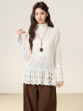 Small Fragrant Lace Wood Ear Half-High Collar Knitted Jersey Women 2026 Autumn And Winter Long-Sleeved T-Shirt On The Bottom Shirt