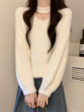 White Hanging Neck Horse Hair Sweater Women Autumn And Winter V Collar With Knitted Bottom Shirt Soft Porridge Velvet High-End Top