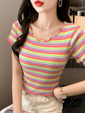 Rainbow Striped Cotton Short-Sleeved T-Shirt Women's Summer 2025 New Super-Fire Slimming Wood-Eared Top