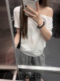 Design-Sensitive Cotton Gray Shoulder Loose Short-Sleeved T-Shirt Women's Summer Casual Set-Up White Top