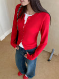 Christmas Red And Fake Two Bottom Knitted Open-Shirt Long-Sleeved Girl In Autumn And Winter With Sweet Hot Girls Folded Round Collar Coat Top