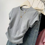 Grey Shoulder Short-Sleeved T-Shirt Women 2025 Summer New Folds To Receive Skinny Hottie Short Cotton Top