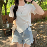 Pure Cotton Shoulder Irregular Folding Short T-Shirt Girls Summer Slim Thin Short Sleeve Design Sympatho Jacket Tide