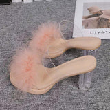Large-Size Women's Shoes 2025 New Crystal Coarse And Skirt High Heel Slippers Wearing Fur Cold Slippers Women