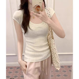 Korean Version Of The Solid Color Ice Silk Knitted U Collar Short-Sleeved T-Shirt Girl Summer Thin Thinch Waist Thin Simple Temperament Blouse