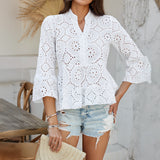 Dili 2025 Spring And Summer Top Women's Casual Holiday Style Solid Color Hollow V-Neck Seven-Sleeve Shirt