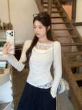 White Collar Lace Fake Two Long-Sleeved T-Shirt Women's Clothing Early Autumn Wearing A Bottom Shirt Repair Waist Top