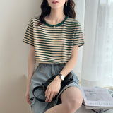 Fresh Green Striped T-Shirt Women's Summer Short-Sleeve 2026 New Loose Round Collar Sympathizes With Niche Clothes