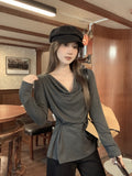 Gray Lazy Wind Folds And Shoulders Collar Loose Solid Long-Sleeved T-Shirt New Korean Version Of Autumn Women's Top