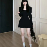 Long-Sleeved Retro Waist Thin Design Folding A-Word Dress Sweet Spicy Little Black Dress Korean Early Autumn New Woman