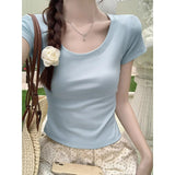 Design Sense Short T-Shirt Women's Round Neck Elastic Solid Color Match Summer Korean Version Of Leisure Tight Hot Girl Short-Sleeved Top