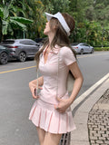 Pink Shoulder Short Sleeve Polo Shirt T-Shirt Girl Summer V Collar Top 100-Fold A-Word Half-Dress Skirt Suit