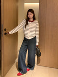 Vintage Round-Neck Stripe Splicing Long-Sleeved Knitted Cardigan Women's Fall 2026 Loose Thin Sweater Jacket