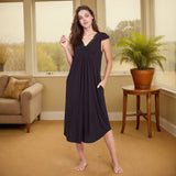 Summer Ladies Home Dress Long Dress Modal Short Sleeves Deep V Lace Home Skirt