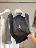 2025 Autumn Fashion Casual Fake Two-Piece Blouse Women Knitted Shirt Spliced Striped Shirt Women Age-Reduced Shirt