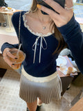 Tibetan Blue Wood Ear Long-Sleeved T-Shirt 2026 Spring Korean Design Fake Two Stitching Bottom Of The Coat