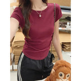 Wine Red Shoulder Embroidered T-Shirt Girl Short Umbilical Pure Folding Small Summer Round Collar Short Sleeve Top