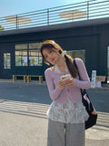 Korean Purple Low-Circle Collar Hollow Button Long-Sleeved Knitted Cardigan Women's Spring New Body To Put On The Bottom Of The Top