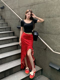 Lotus Leaf-Rimed Flower Dresses Women's Mid-Summer High-Rise Thin Buffet Dress Red Irregular Opening Fork Dress