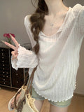 Korean Sweet Wooden Ear Long-Sleeved T-Shirt Girl Spring And Summer Thin Slim Lazy Outside With Sun Protection Shirt Tops