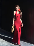 Pure Wind Red Hanging Neck Dress Women's Spring New Sexy Open Fork Dress Bag Hip Dress