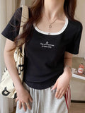 Positive Shoulder Collar Short-Sleeved T-Shirt Girls Summer Slim Skinny Collared Short Fish Bone Cotton Tops In Casual Match