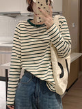 Pure Cotton Long-Sleeved T-Shirt Lady Spring And Autumn Coat Wears 2025 New Bottoming Shirt Inside The Striped Ocean Loose