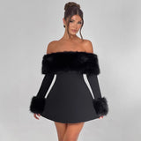 Women's Winter New Elegant Collar Hair Splicing Shoulder Design Tight Height Waist Dress