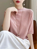 Half-High Collar Fashion Knitted Five-Sleeve Top Lady Summer Thin Flower Solid Color T-Shirt Loose Bottom
