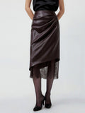 Temperament Sexy Lace Splicing Leather Skirt Design French Fashion Half-Body Hip Skirt