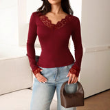 2026 Spring New V-Neck Solid-Color T-Shirt Lace Lace Lace Lace To Receive Waist-Cuff Umbilly Tops