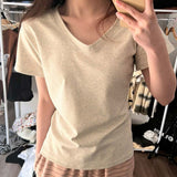 Solid Color Foundation V-Neck Shoulder Thin T-Shirt Girl Summer Slim Small Collar Short Sleeve Top