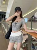Korean Version Of Sweet Spicy Little Man Wearing Pure Want To Print Thin Short Coat Low-Waisted Folding Shorts Two Sets Of Women