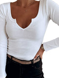 Spring And Winter Pure Color Pit Deep U Collar Long-Sleeved Casual Fashion Women's T-Shirt Spicy