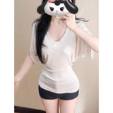 Lazy Wind Loose Thin V-Neck Short-Sleeved T-Shirt Girl 2025 New Bat Sleeves With Fashion Temperament