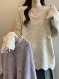 Large-Size French Lace Knitted Women's Autumn And Winter Fashion Soft-Creative Sweater Jersey V-Neck Loose Thin Top