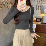 Round Collar Shoulder Cotton T-Shirt Women's Long Sleeves With Autumn New Elastic Slimming Hottie Bottom Shirt